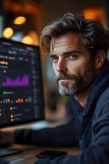 Professional Businessman Analyzing Financial Data on Computer Monitor