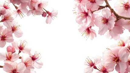 Obraz premium Pink cherry flower blossoms spring creating a delicate frame on a transparent background, perfect for themed designs