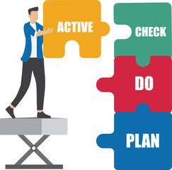 Plan do check action PDCA quality cycle, process with quality standards, business people Complete the puzzle that says plan do check action, step for quality control