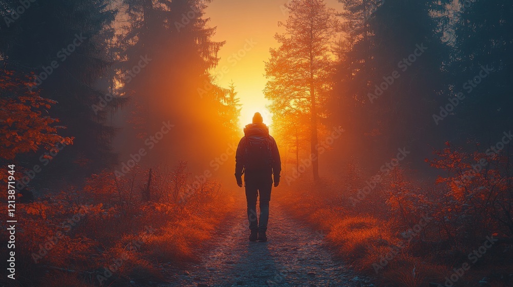 Poster a solitary figure strolls along a winding forest path as the sun sets, casting warm orange and red t