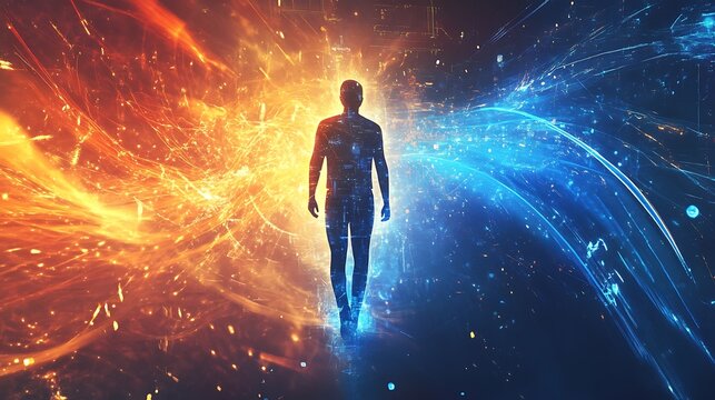 Futuristic digital human standing amidst radiant blue and orange energy in a cybernetic realm