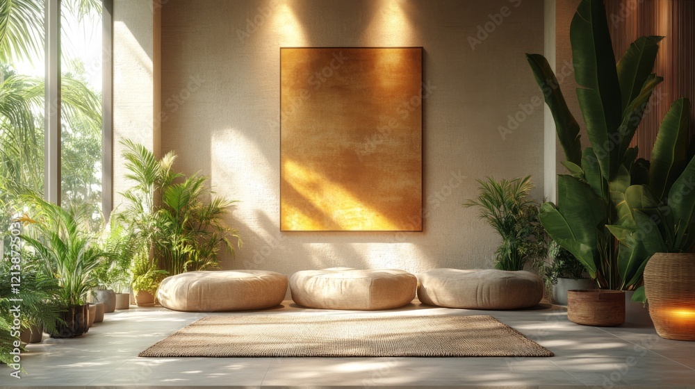 Poster the inviting lounge features round cushions arranged on a woven rug, surrounded by vibrant plants an