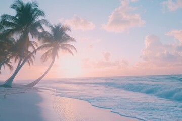 Fototapeta premium Tropical beach sunrise, palm trees, ocean waves, pastel sky, vacation