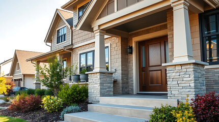 Obraz premium Luxury House Exterior: Modern Architecture and Landscaping Design. Beautiful Home Facade with Stone and Brick Details. Real Estate Property for Sale.