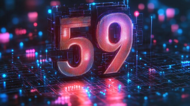 Glowing 3D Number 59 in Futuristic Style with Digital Circuits on Abstract Background