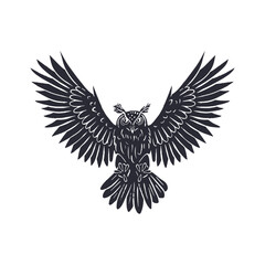 Hand drawn eagle-owl black silhouette flying isolated on white background. Monochrome nocturnal bird vector illustration.