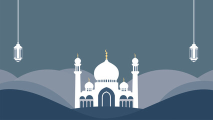 Silhouette of Mosque with Crescent Moon and Lanterns