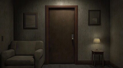 A minimalist living room with gray-brown walls, a compact couch, and a wooden door with a matte finish.