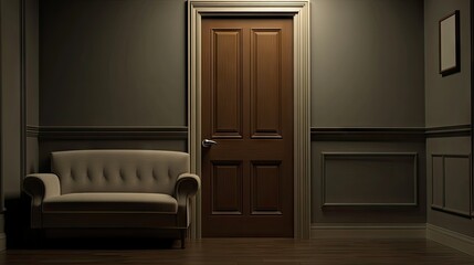A minimalist living room with gray-brown walls, a compact couch, and a wooden door with a matte finish.