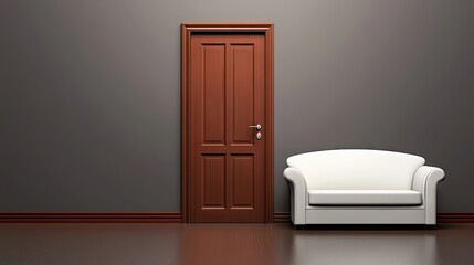 Fototapeta premium A minimalist living room with gray-brown walls, a compact couch, and a wooden door with a matte finish.