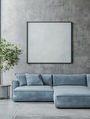 Minimalist loft house interior design, modern living room with light blue sofa, attached to an empty frame concrete wall.