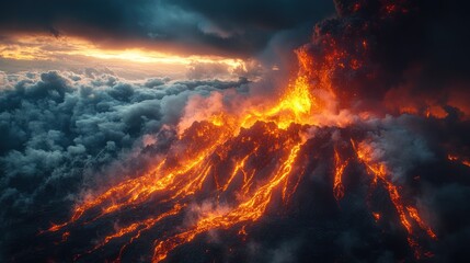 Fiery Volcanic Eruption: A Breathtaking Aerial View of a Volcano's Explosive Power