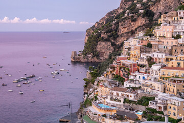 View over Positano town and beach in Amalfi coast in Italy.