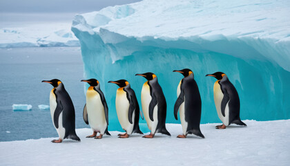 Obraz premium Penguins on icy cliff overlooking turquoise Antarctic ocean under soft light