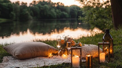 Naklejka premium Romantic riverside picnic setup with lanterns, flowers, and champagne glasses reflecting warm evening light