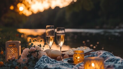 Romantic riverside picnic setup with lanterns, flowers, and champagne glasses reflecting warm evening light