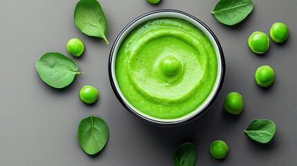 Bowl of green food with green leaves and green peas surrounding it. The bowl is filled with a green substance that looks like a sauce