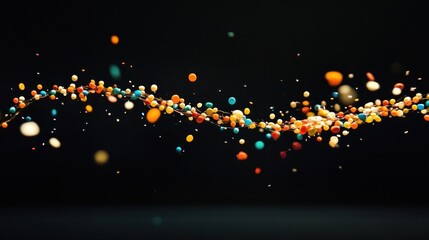A dramatic photo of a string of beads being dropped, caught mid-motion with beads scattering in every direction, dynamic and energetic