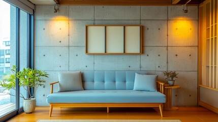 Minimalist loft house interior design, modern living room with light blue sofa, attached to an empty frame concrete wall.