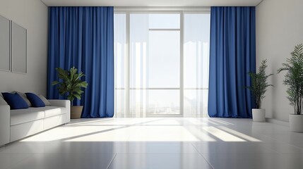 Fototapeta premium Modern Living Room Design with Blue Curtains and City View