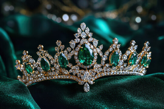 A sparkling diamond and emerald tiara placed on a luxurious velvet surface.