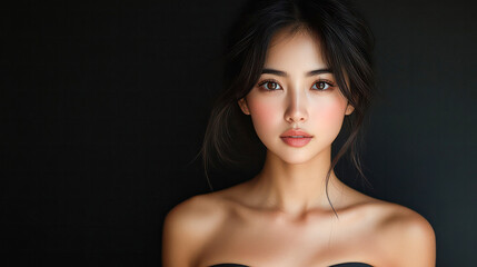 Beauty portrait of young Asian woman in dress on black background.