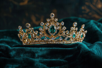 A sparkling diamond and emerald tiara placed on a luxurious velvet fabric.