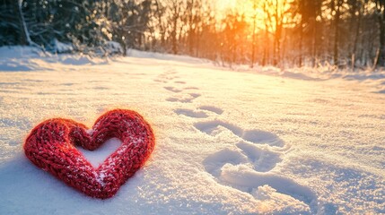 Romantic walk through a snow-covered park, red scarves, and heart-shaped footprints in the snow