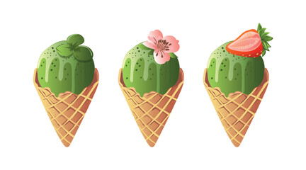 Seamless pattern dessert, circle, ball, ice cream, green, pistachio, flowers, strawberry, cone. Vector
