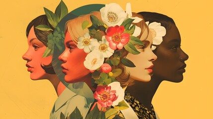 group of women with flowers in their hair, depicted in a photo collage style for Women's History Month
