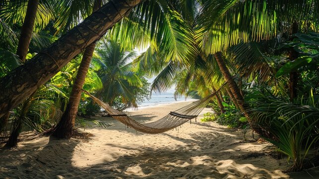 A relaxing tropical beach setting with hammocks between palm trees and jungle nearby.