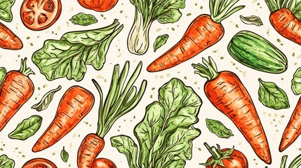 A repeating pattern of organic vegetables like carrots, tomatoes, and lettuce in a colorful, hand-drawn style