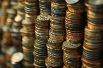 Numerous stacks of coins, close-up view. Illustrates wealth, savings, finance, or economic concepts.