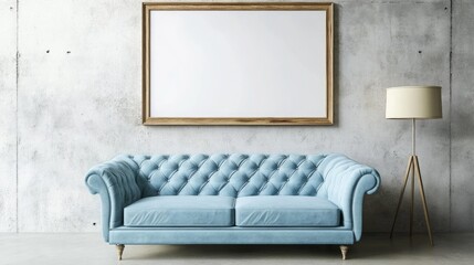 Minimalist loft house interior design, modern living room with light blue sofa, attached to an empty frame concrete wall.