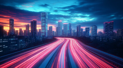 Fototapeta premium Advanced Urban Landscape Skyscrapers and Neon-Powered Roads