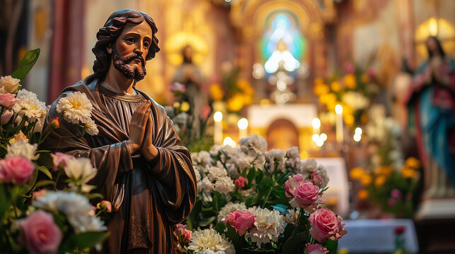 D&iacute;a de San Jos&eacute;, statue of Saint Joseph surrounded by fresh flowers such as roses and lilies, traditionally decorated altar with softly lit candles, background of a small church with classic architect