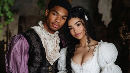 Fototapeta premium Romantic Couple in Historical Attire Portrait Embracing Timeless Love