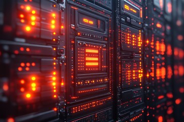 Obraz premium Futuristic server room with glowing lights and technology