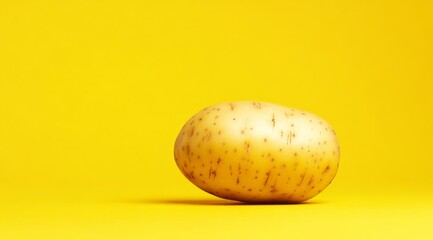 Large potato sits on a yellow background. The potato is the main focus of the image, and it is the...