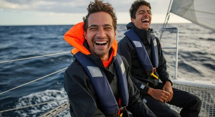 Two men laughing joyfully while sailing on a sunny day at sea