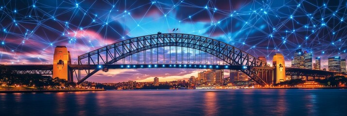 Obraz premium Sydney Harbour Bridge Illuminated at Night, with Network Overlay Representing Digital Connectivity.