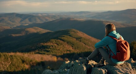 Naklejka premium Woman sitting on a rock, enjoying a scenic mountain view at sunset