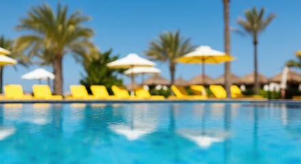 Obraz premium Tranquil poolside scene with yellow loungers and palm trees under a clear sky