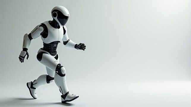 Show a humanoid robot in a futuristic mockup, powering up, crouching slightly, and sprinting forward with mechanical precision, highlighting advanced servos.