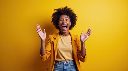 Depict a character receiving exciting news in a reaction mockup: their eyes widen, they jump with joy, clap their hands, and cheer enthusiastically, ending with a beaming smile.