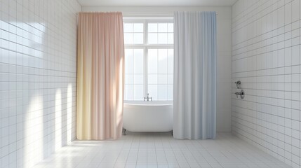 Fototapeta premium Modern Bathroom Design with Freestanding Tub and Pastel Curtains