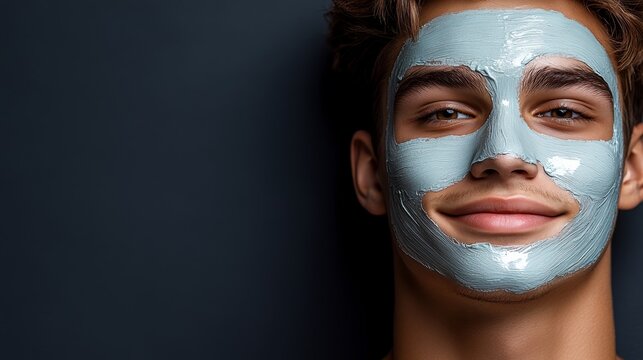 Man with a blue face mask on. He is smiling and looking at the camera. Concept of humor and playfulness, as the man is wearing a face mask that is not typically worn in everyday life