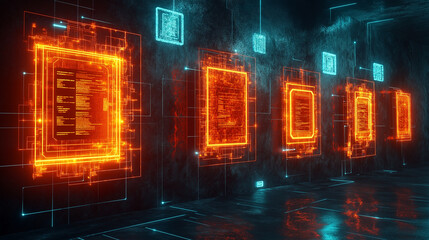 Obraz premium Dynamic Neon-Orange Patterns in a High-Tech Environment