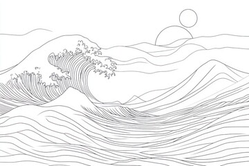 Minimalist line art drawing of a large ocean wave and rolling hills under a double sun.