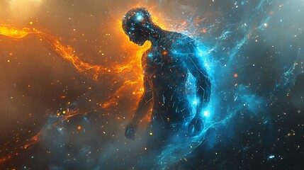 Fototapeta premium Cybernetic human figure glowing with blue and orange energy in a high-tech digital realm